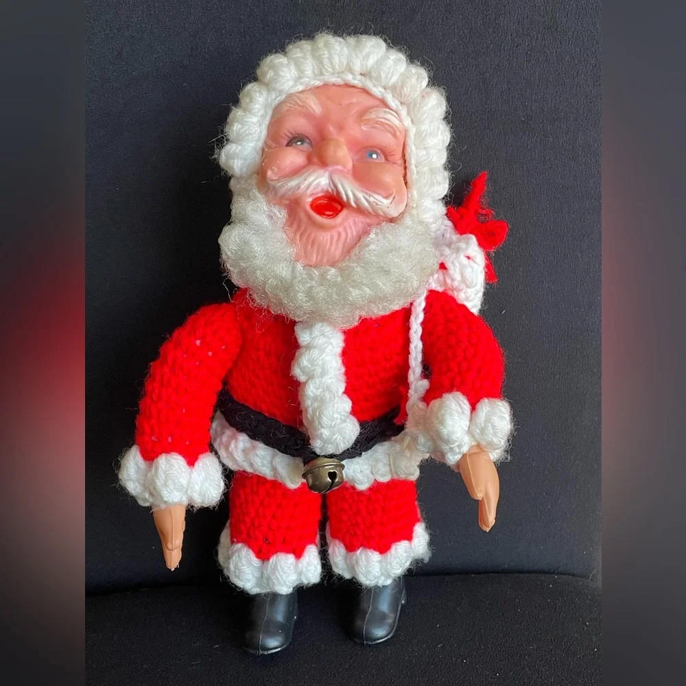 Vintage Crochet Santa Doll Pladtic Face Hands Boots 11” Jingle Bells Toy Sack